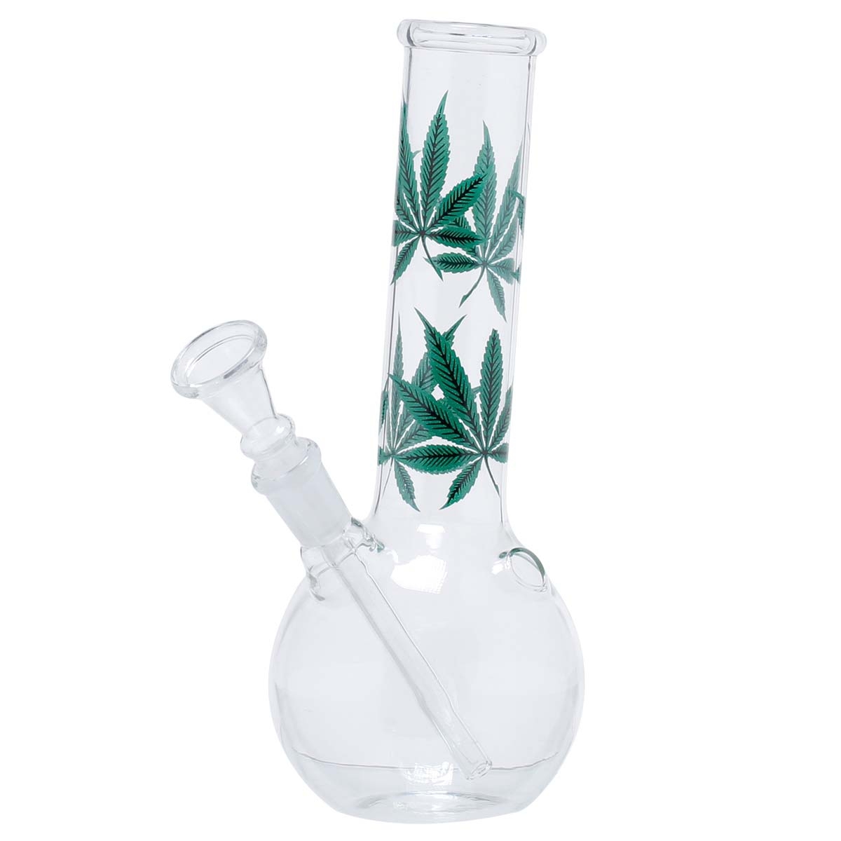 Bongo szklane Leaf Multi Leaf 22 cm – rura 36 mm i otwór turbo Bongo Leaf 22 cm od frontu — okrągły otwór turbo w bańce i cybuch na szlif 14,5 mm