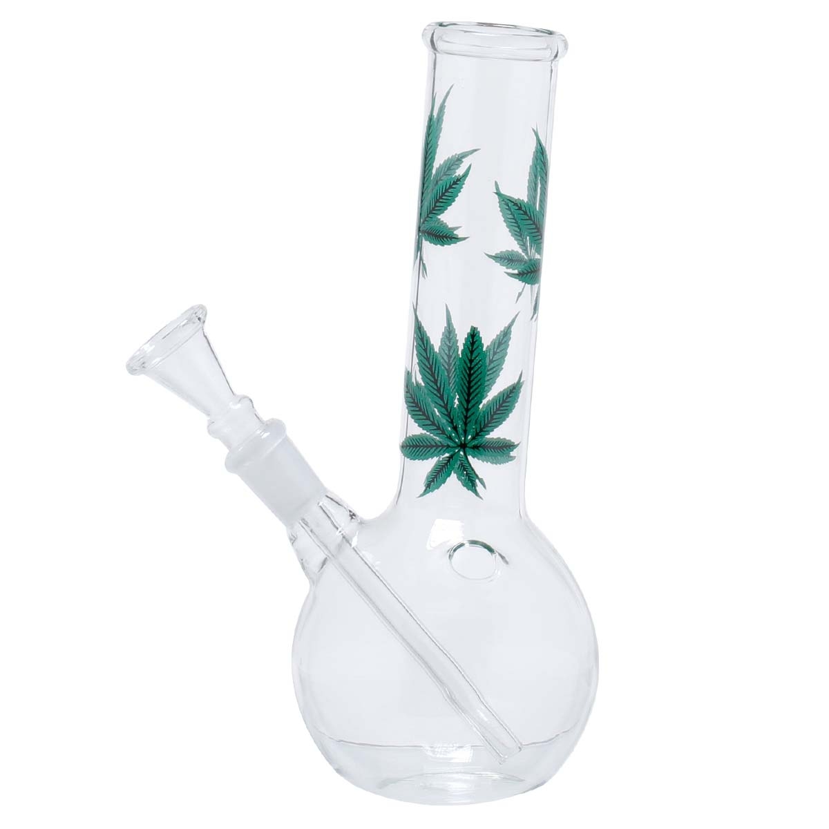 Bongo szklane Leaf Multi Leaf 22 cm – rura 36 mm i otwór turbo 1 Bongo Leaf 22 cm z kulistą bańką, zielonym nadrukiem liści na rurze i wyciąganym cybuchem