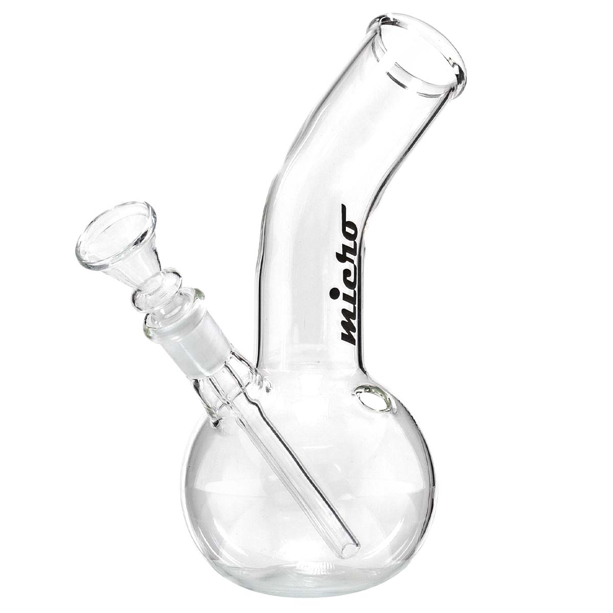 Bongo Micro 18 cm – szeroka rura Ø 36 mm i kolbowa podstawa Bongo Micro 18 cm z boku — szeroka rura 36 mm i wyjmowany cybuch w szlifie 14.5 mm