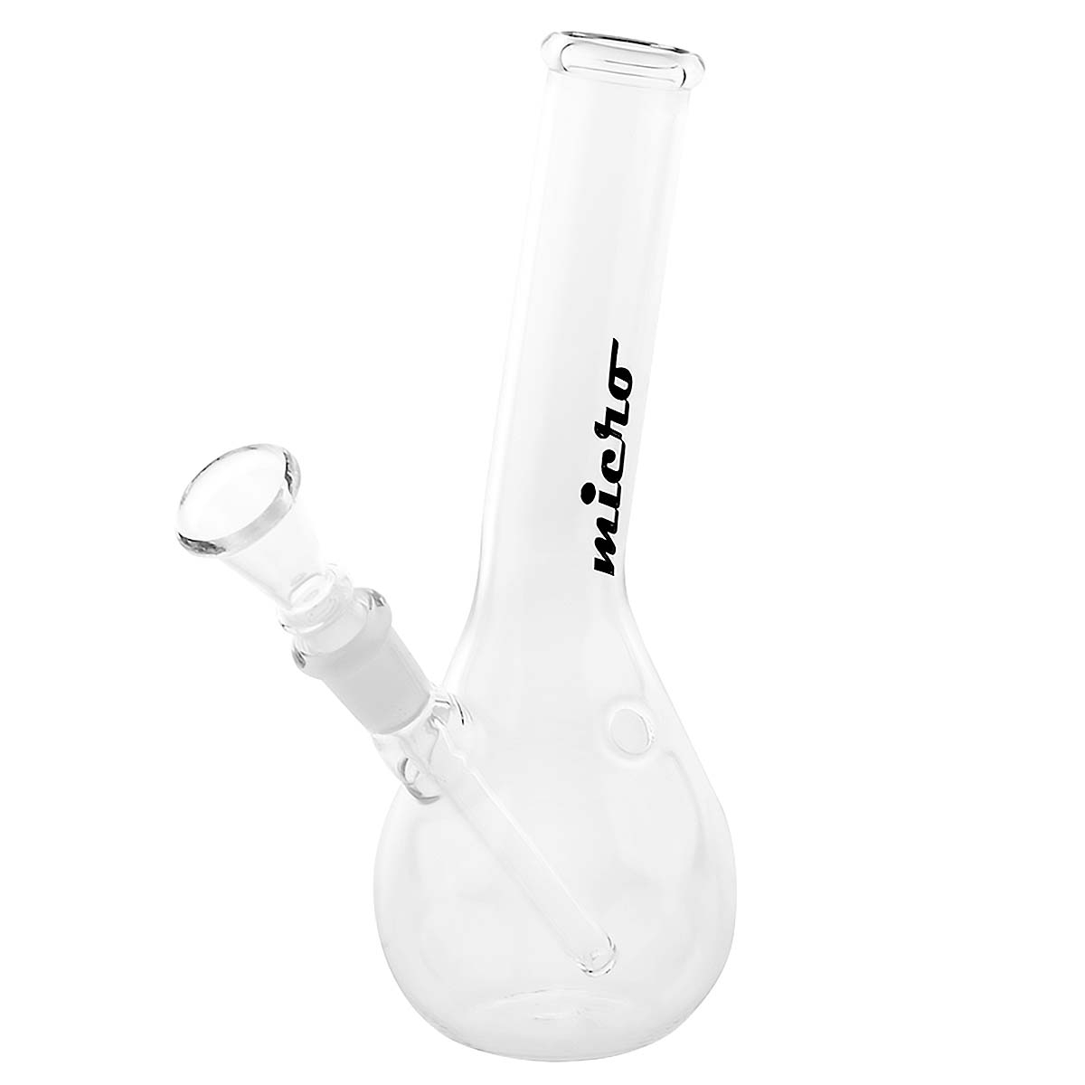 Bongo Micro Bouncer Hangover 19 cm – bańka i odchylona rura Zbliżenie na otwór turbo z boku rury i kulistą podstawę bonga Micro Bouncer Hangover
