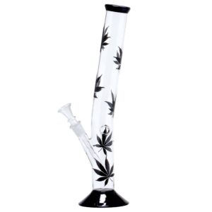 Bongo Multi Leaf Hangover 35 cm — odchylona od pionu rura z czarnymi liśćmi konopi, czarna stopa i czarny kołnierz ustnika