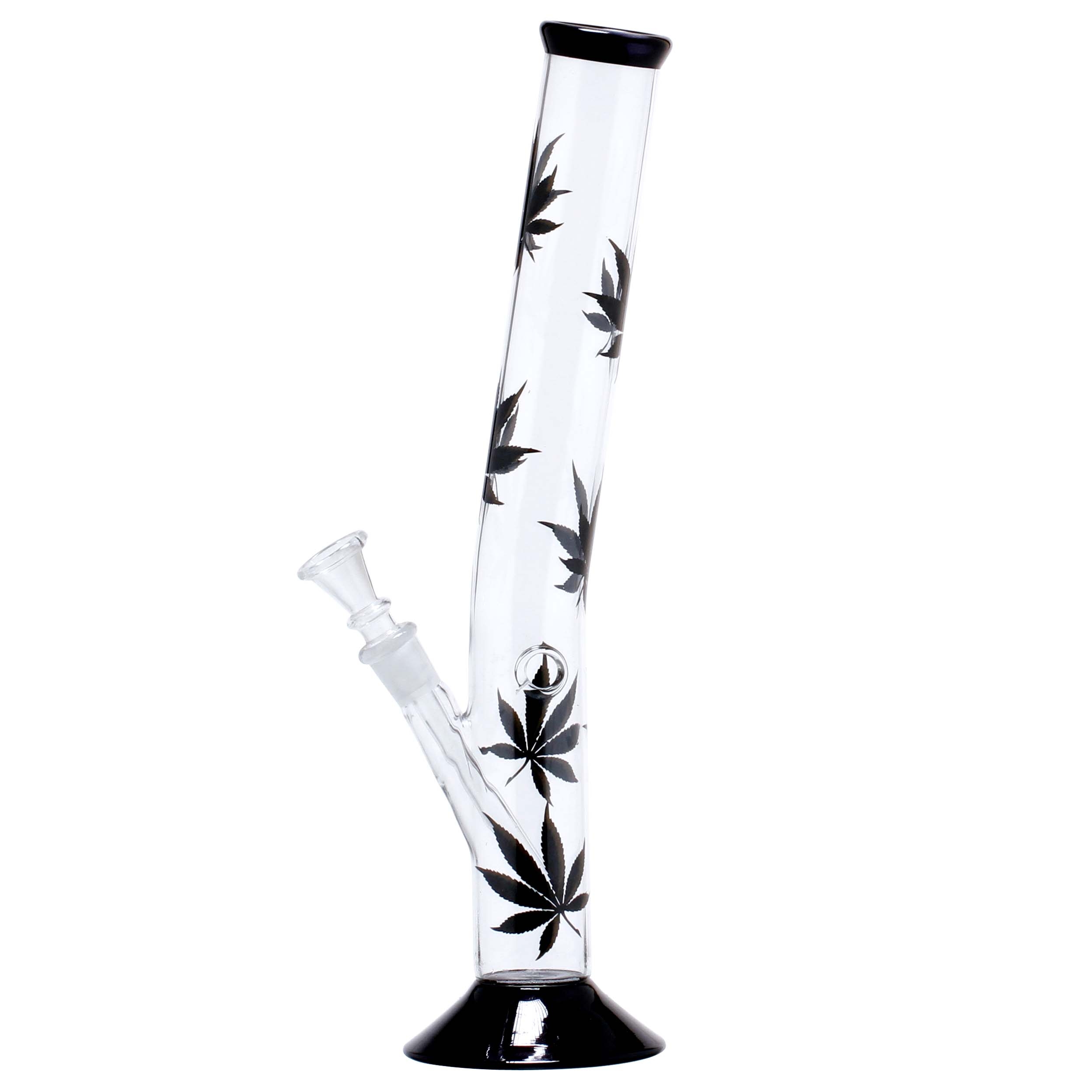 Bongo Multi Leaf Hangover 35 cm – czarne liście, odchylona rura 1 Bongo Multi Leaf Hangover 35 cm — odchylona od pionu rura z czarnymi liśćmi konopi, czarna stopa i czarny kołnierz ustnika