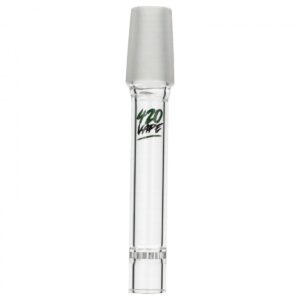 Szklany adapter do bonga MIKKRO z matowym szlifem 14,5 mm i zielono-czarnym logo 420VAPE na przezroczystej rurce