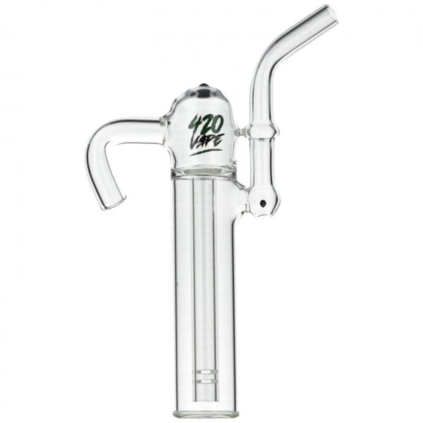 Szklany bubbler do Venty z zakrzywionym wlotem, pionową komorą z perkolatorem i wygiętym ustnikiem, z logo 420VAPE