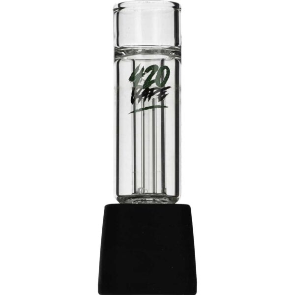 Bubbler prosty do PAX Flow ze szkła borokrzemowego z logo 420VAPE i czarną nasadką, widok z przodu