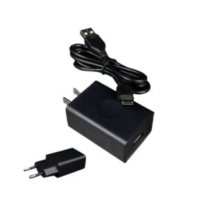 Ładowarka do Arizer Solo 3: czarny zasilacz z gniazdem USB, zwinięty kabel zakończony wtykiem USB-C i osobna nakładka z wtykiem europejskim.