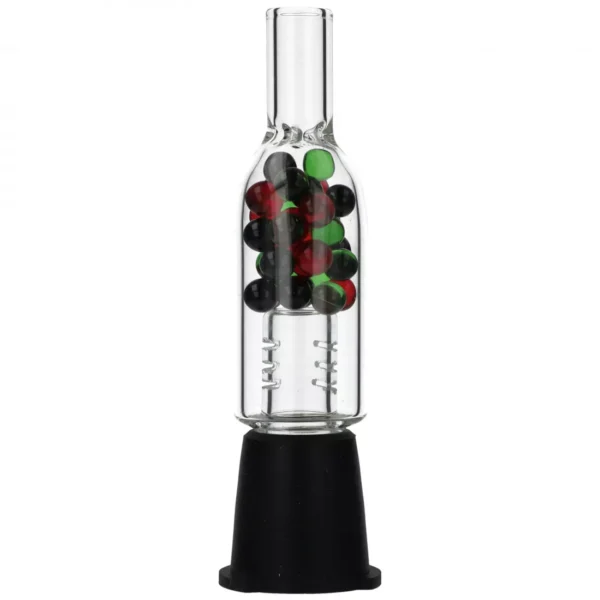 Szklany ustnik JET 420VAPE do Venty z kolorowymi kulkami w korpusie, osadzony na czarnym silikonowym adapterze.