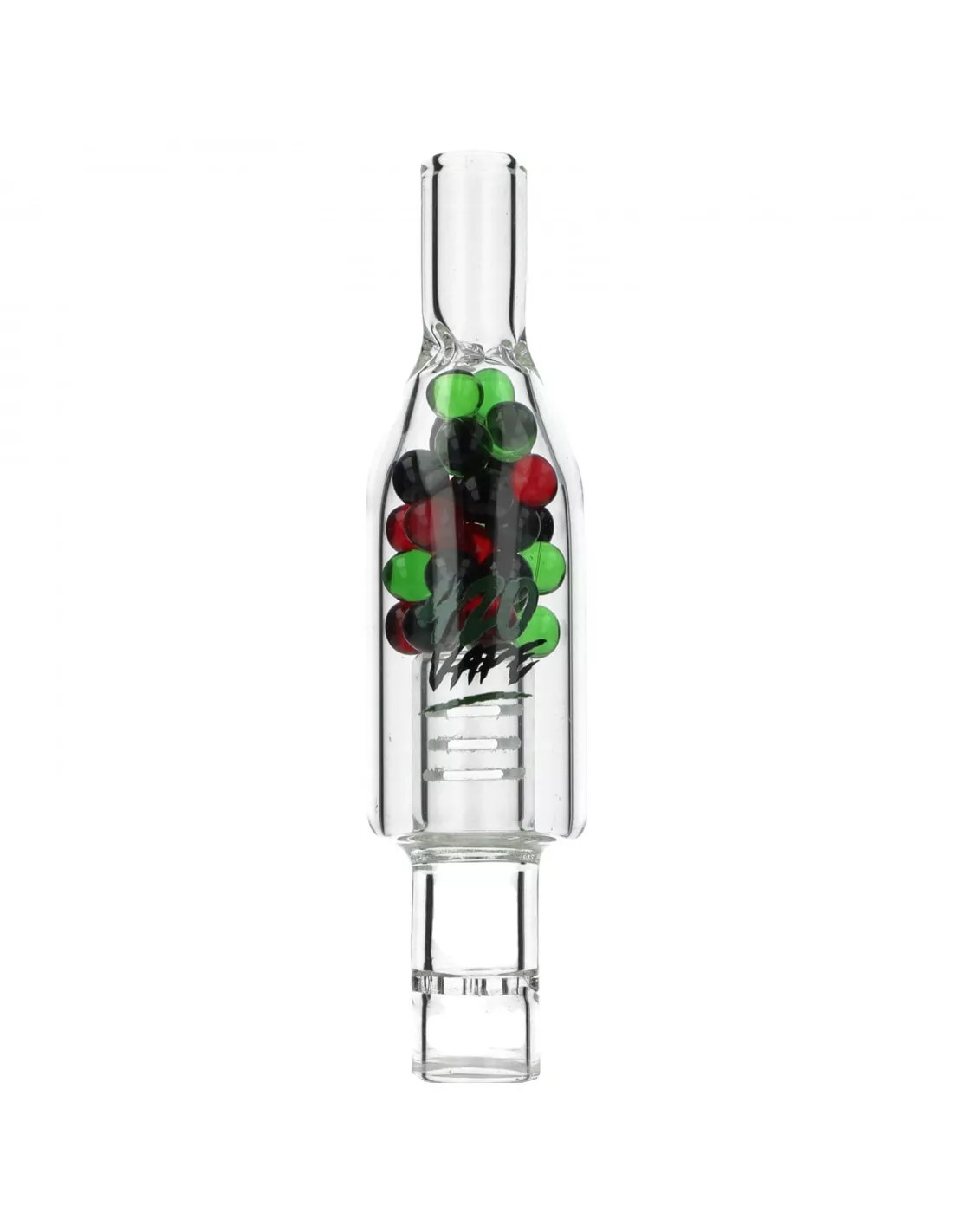 Ustnik JET z kulkami 420VAPE do Arizer Solo 2, Solo 3, Air 2 i Air MAX 1 Ustnik JET do Arizera: szklana rurka z komorą pełną zielonych, czerwonych i ciemnych kulek oraz logo 420VAPE