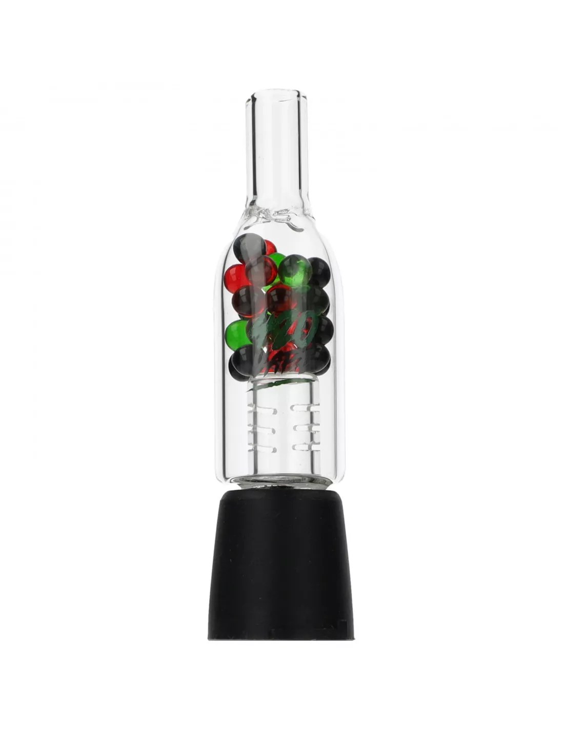 Ustnik JET z kulkami 420VAPE do Mighty i Crafty – szkło borokrzemowe 1 Szklany ustnik z kulkami do Mighty – czerwone, zielone i czarne kulki w komorze, pod nimi rurka z nacięciami i czarna nasadka
