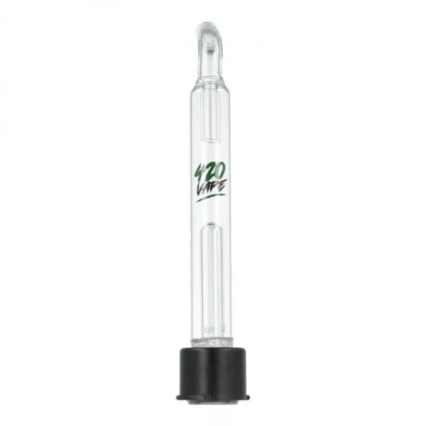 Zakrzywiony ustnik do Mighty 420VAPE – długa szklana rura z dwiema rurkami w środku i czarną podstawą