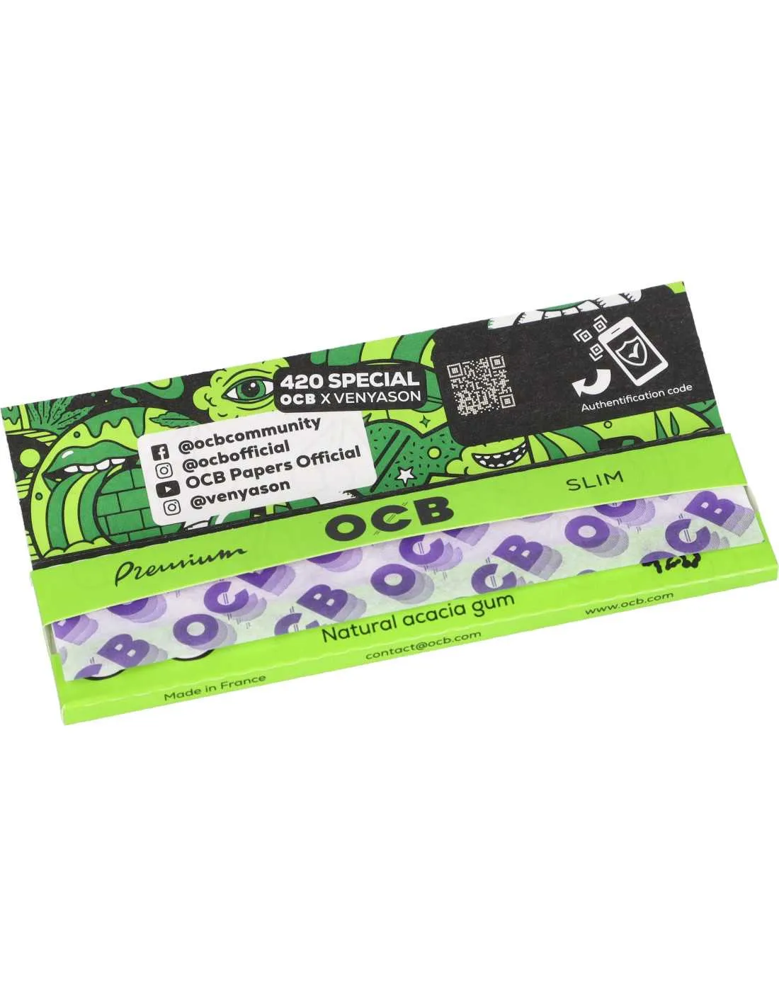 Bibułki OCB Premium King Size Slim 420 Special – edycja limitowana 2 Otwarta książeczka bibułek OCB 420 Special z ilustracją Venyasona i kodem autentyczności